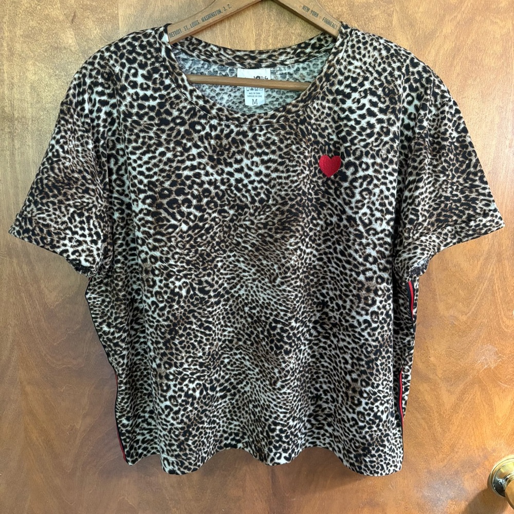 Natural Life Cheetah Short Sleeve T-Shirt Red Heart Embroidered Top Boxy Leopard